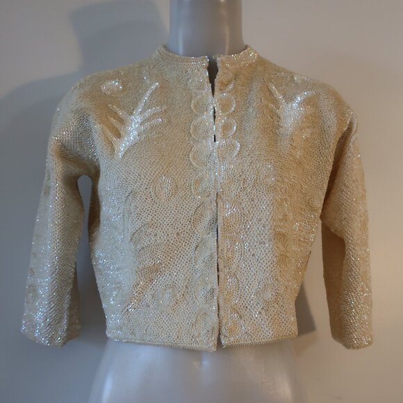 Womens Made in British Crown Colony of Hong Kong Ivory Sequined Blazer Jacket M - Picture 3 of 12